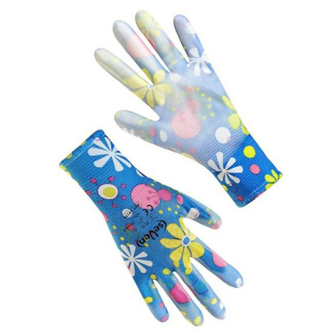 Перчатки женские синтетические синие/голубые с полиуретановым покрытием цветной принт